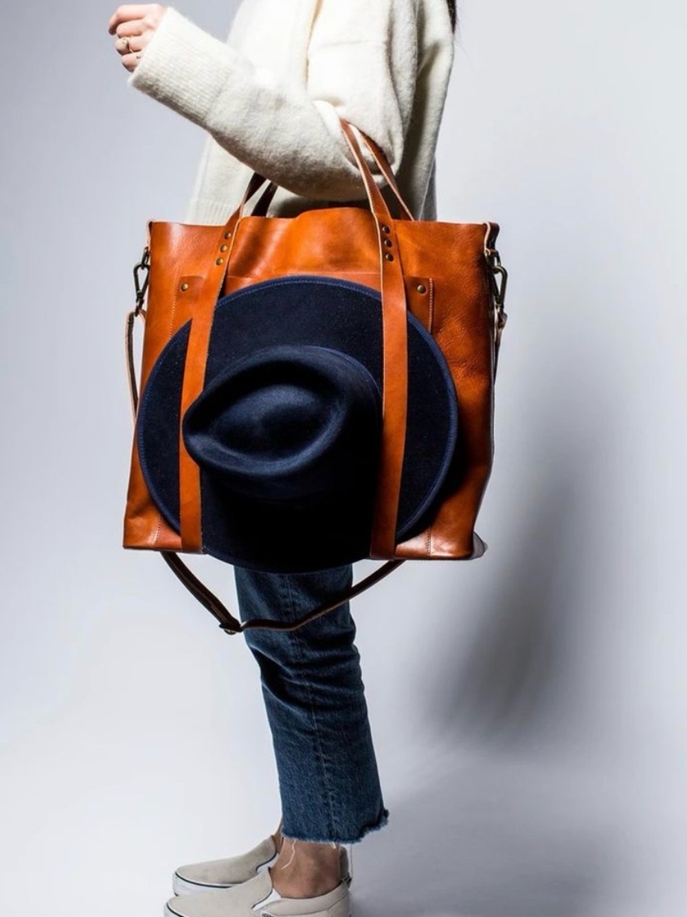 Goorin Bros Take Me Away Leather Tote Bag w/ Hat Straps - Brown